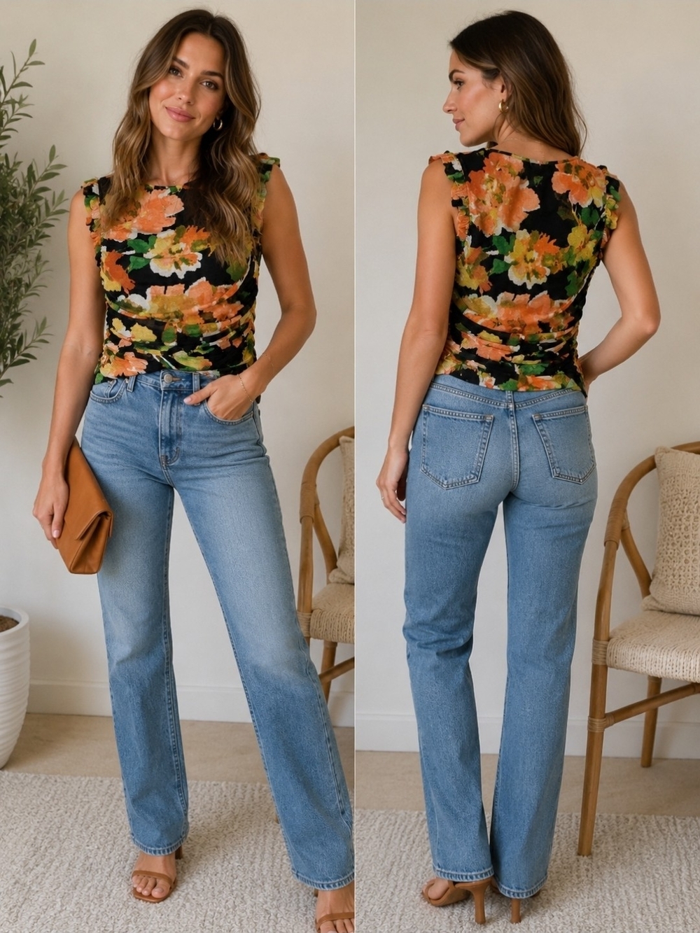 Super Cute Nine West Medium Floral Ruched Sleeveless Top Black Orange NWOT